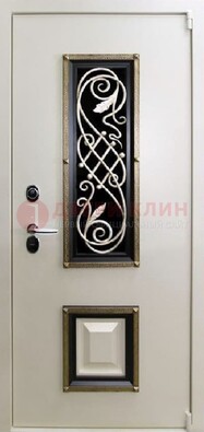 Белая стальная дверь с ковкой со стеклопакетом и МДФ ДК-30 в Солнечногорске