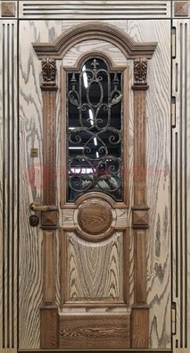 Железная дверь с массивом дуба со стеклом и ковкой ДМД-47 в Солнечногорске
