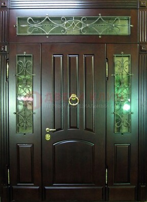 Стальная парадная дверь со стеклом и ковкой ДПР-18 для деревянного дома в Солнечногорске