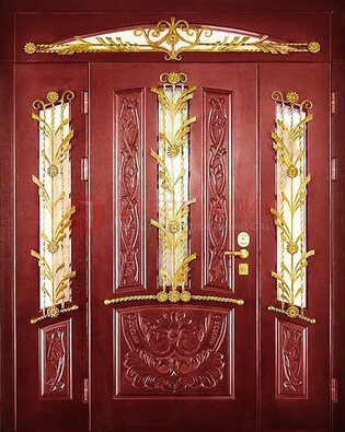 Бордовая железная парадная дверь со стеклом и ковкой ДПР-75 в Солнечногорске