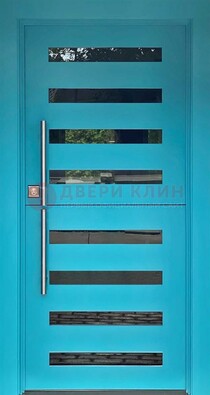 Голубая уличная дверь с МДФ панелью и стеклом ДС-51 в Солнечногорске