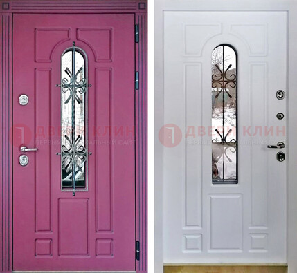 Розовая металлическая дверь со стеклом и ковкой ДСК-151 в Солнечногорске