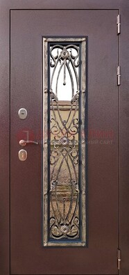 Коричневая стальная дверь порошок со стеклом и ковкой для дома ДСК-169 в Солнечногорске