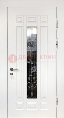 Белая стальная дверь винорит со стеклом и ковкой ДСК-191 в Солнечногорске