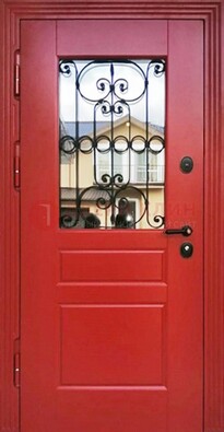 Красная железная дверь Винорит со стеклом и ковкой ДСК-205 в Солнечногорске