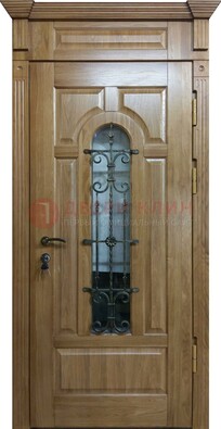 Металлическая дверь массив со стеклом и ковкой для дома ДСК-246 в Солнечногорске