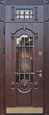 Металлическая дверь массив со стеклом и ковкой с фрамугой ДСК-249 в Солнечногорске