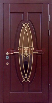 Бордовая стальная дверь Винорит со стеклом и ковкой ДСК-263 в Солнечногорске