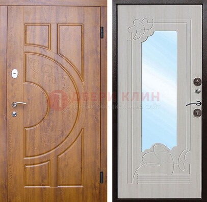 Коричневая металлическая дверь c МДФ с узором и зеркалом ДЗ-105 в Солнечногорске