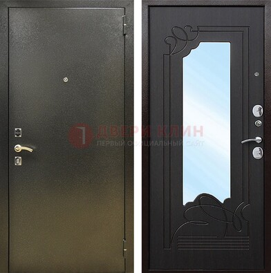 Железная темная дверь c порошковым напылением и МДФ с узором и зеркалом ДЗ-111 в Солнечногорске
