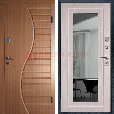 Коричневая железная дверь c виноритом и  МДФ Белый дуб с зеркалом ДЗ-118 в Солнечногорске