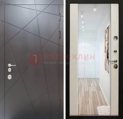 Железная коричневая дверь со светлой МДФ внутри и зеркалом ДЗ-125 в Солнечногорске