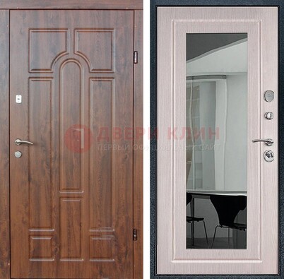 Входная коричневая дверь с МДФ Белый дуб и зеркалом ДЗ-126 в Солнечногорске