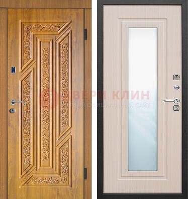 Коричневая железная дверь с зеркалом МДФ Белый дуб ДЗ-128 в Солнечногорске