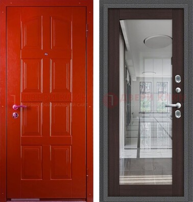 Красная металлическая дверь с МДФ и зеркалом ДЗ-136 в Солнечногорске