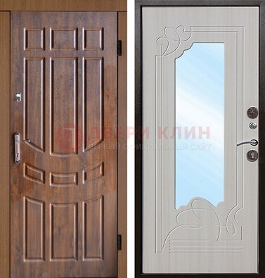 Коричневая уличная дверь c виноритом и терморазрывом МДФ Беленый дуб  с зеркалом ДЗ-97 в Солнечногорске