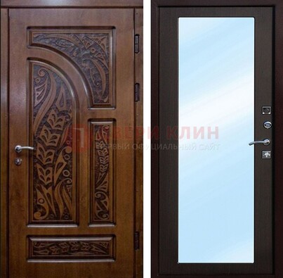 Коричневая входная дверь c узором и виноритом МДФ с зеркалом ДЗ-98 в Солнечногорске