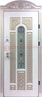Белая железная дверь с МДФ и витражом ВЖ-26 в Солнечногорске