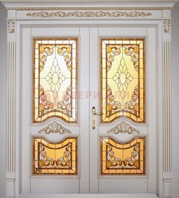 Элитная металлическая дверь с витражом и отделкой массив ВЖ-4 в Солнечногорске
