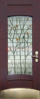 Бордовая стальная дверь с витражом и декоративным элементом ВЖ-3 в Солнечногорске